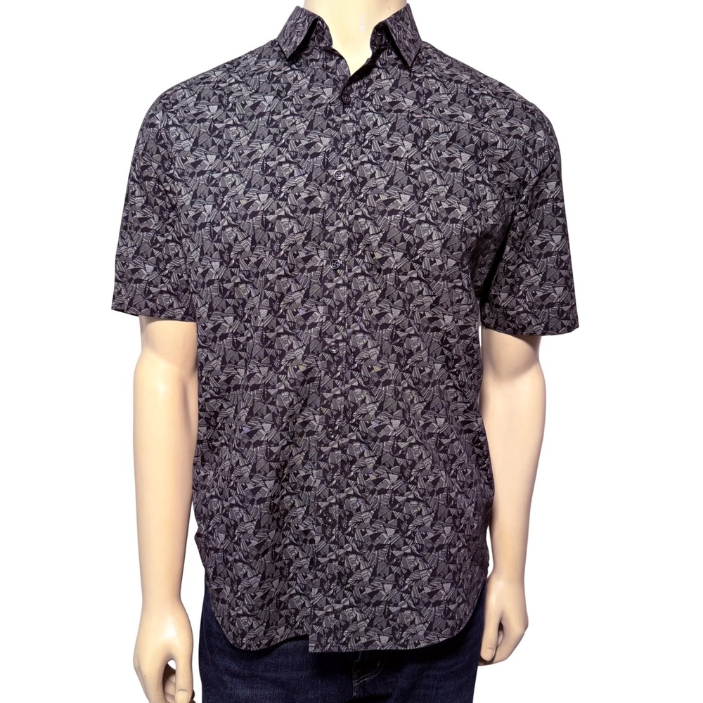 Alfani Mens Geometric Abstract Print Short Sleeve Button Down Shirt Black Grey M